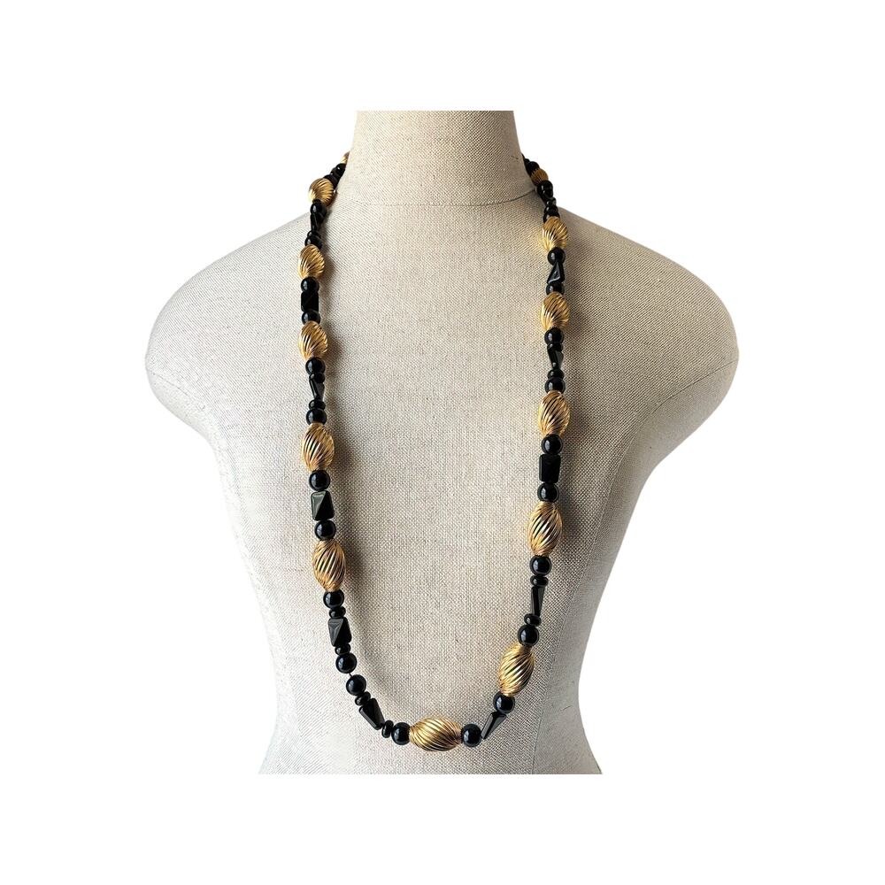 Vintage 1980s Gold Plated and Black Bead Long Statement Necklace